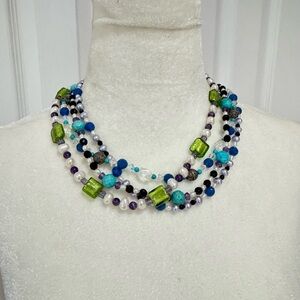 Vintage Handmade Multicolor Beaded Necklace Rice Pearls Amethyst Crystal Beads